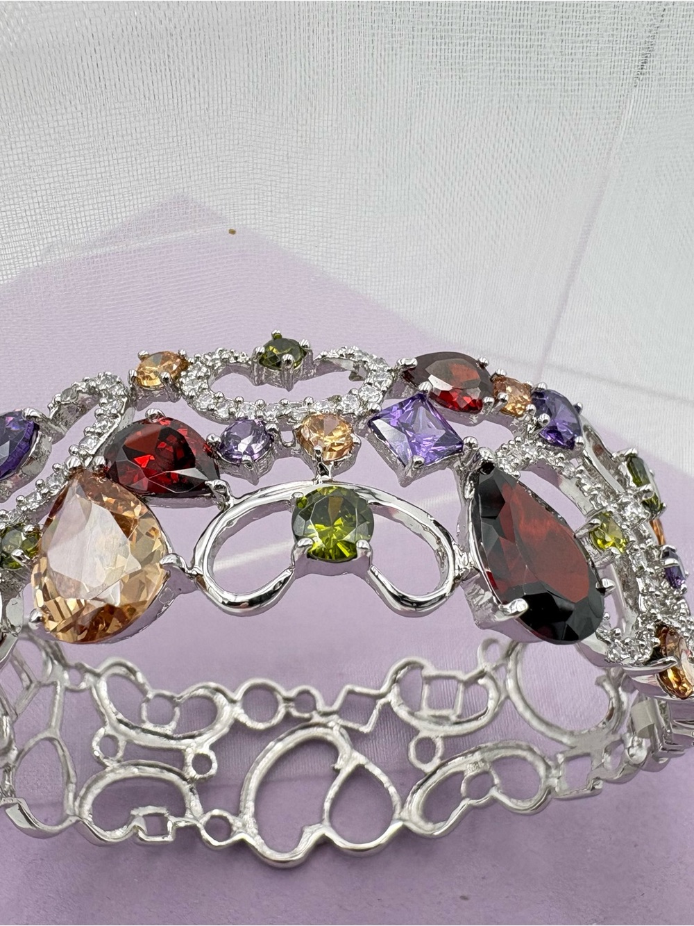 New Sterling Silver 925 Multicolor Pave Crystal Statement Cuff Bracelet - Picture 4 of 16